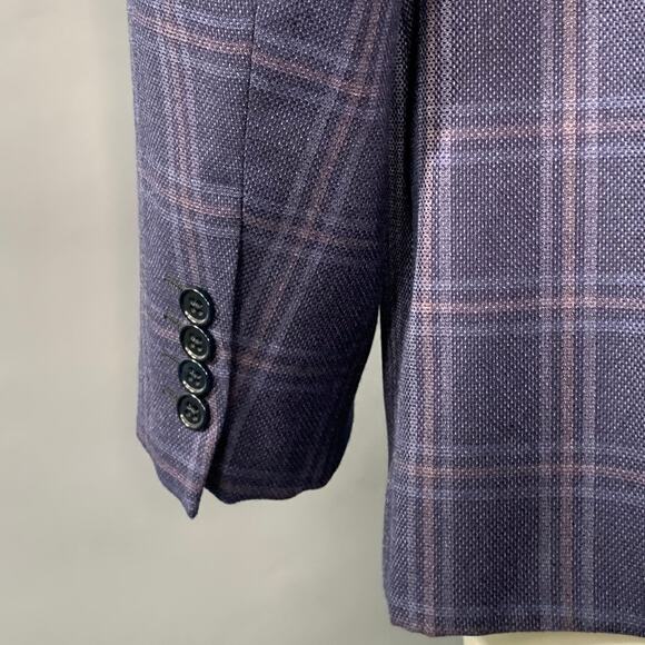 Size 44 Navy Blue Brown Plaid Virgin Wool Notch Lapel Sport Coat - Picture 5 of 8